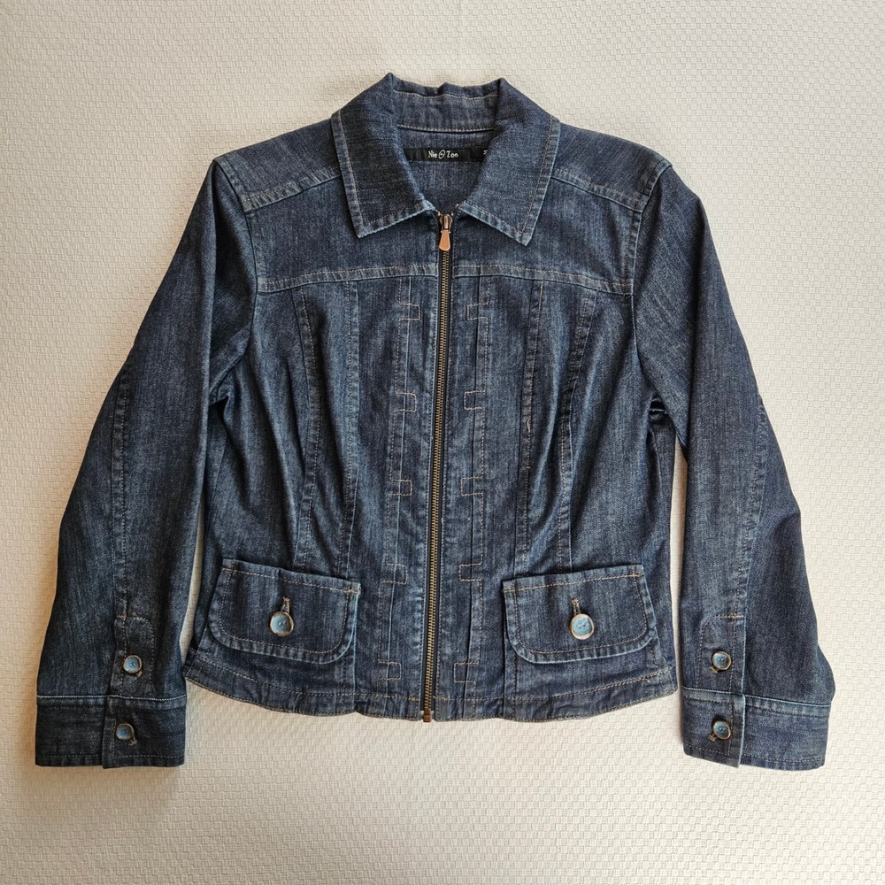 Nic+Zoe Womens Dark Wash Full Zip Front Denim Jacket Blue M Fall Tailored
